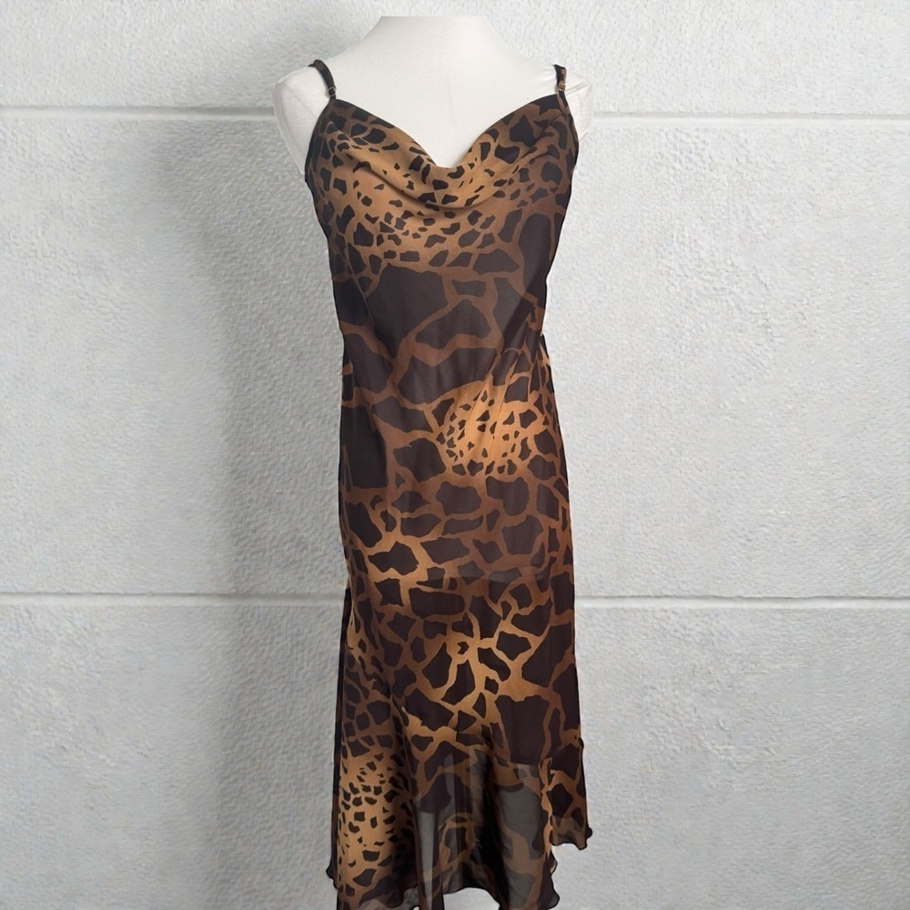 Y2K Leopard Slip Dress – Cowl Neck • Sheer Midi • 90s Vintage Vibes